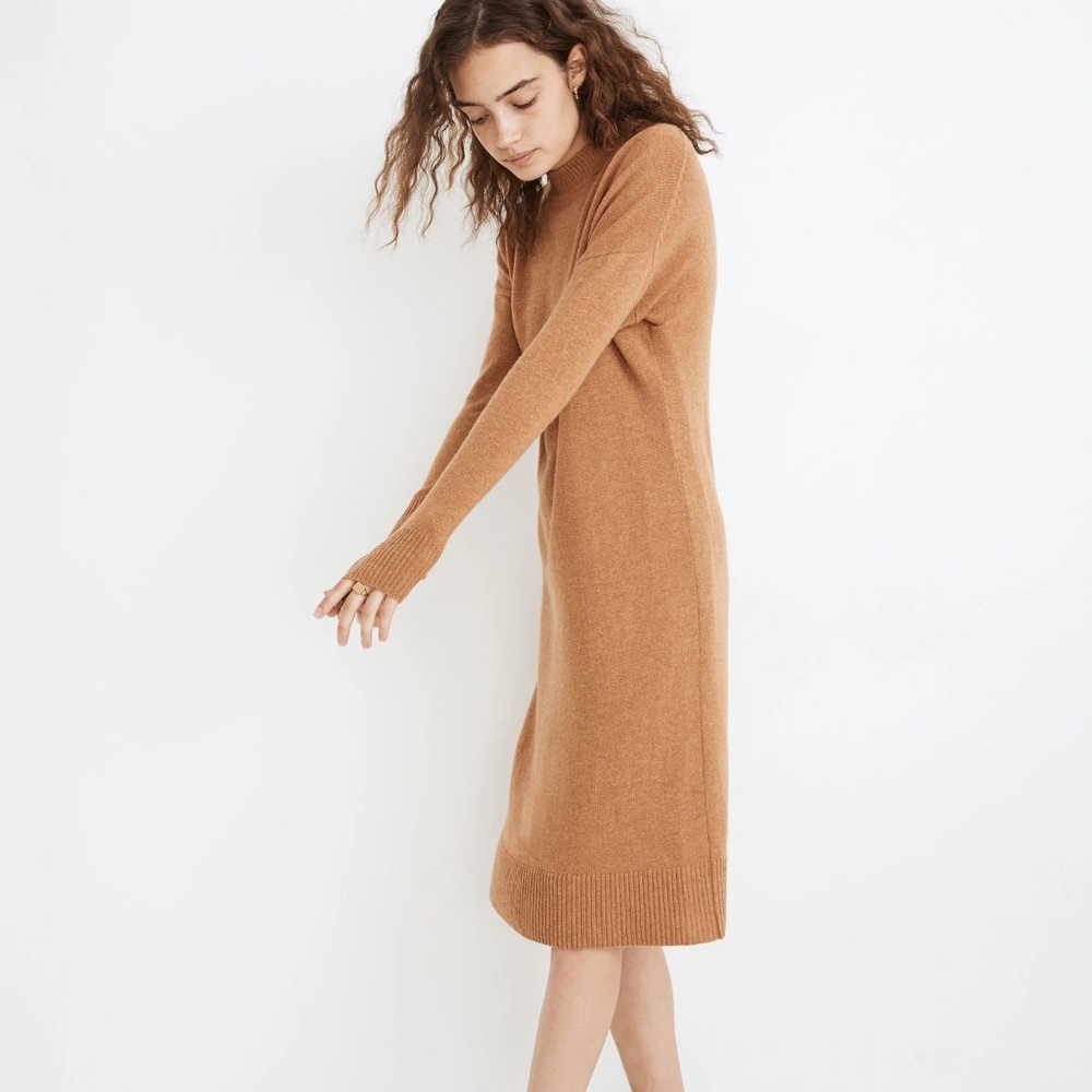 Madewell Camel Long Sleeve Knit Midi Dress in Recycled Cashmere